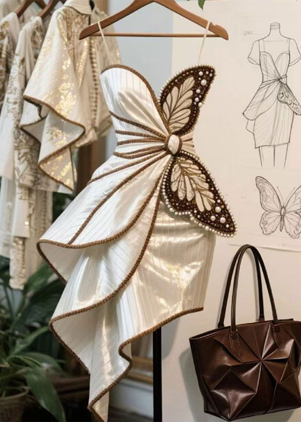 Butterfly Appliqué Pearl Bead Pinstripe Tiered Mini Dress - View 3