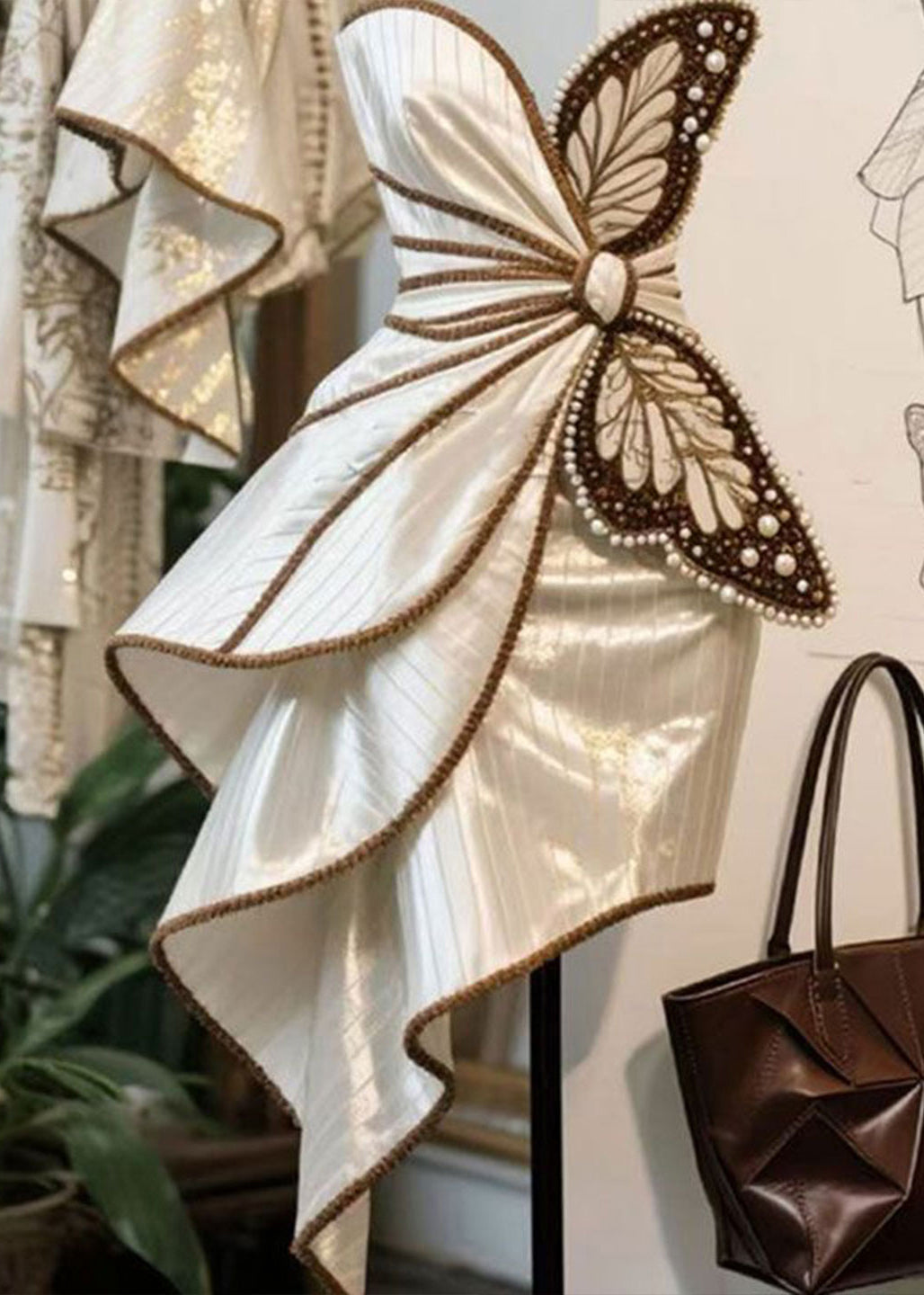 Butterfly Appliqué Pearl Bead Pinstripe Tiered Mini Dress - View 4