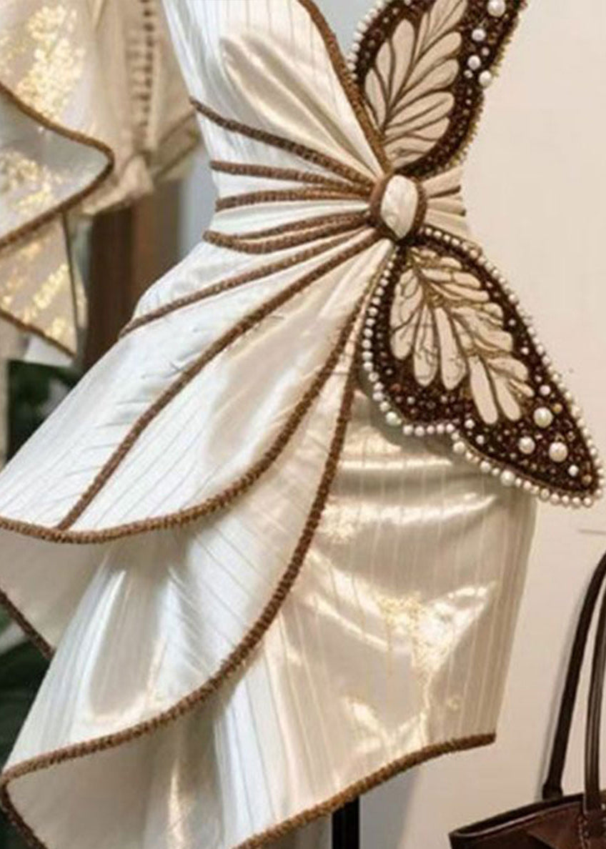 Butterfly Appliqué Pearl Bead Pinstripe Tiered Mini Dress - View 5