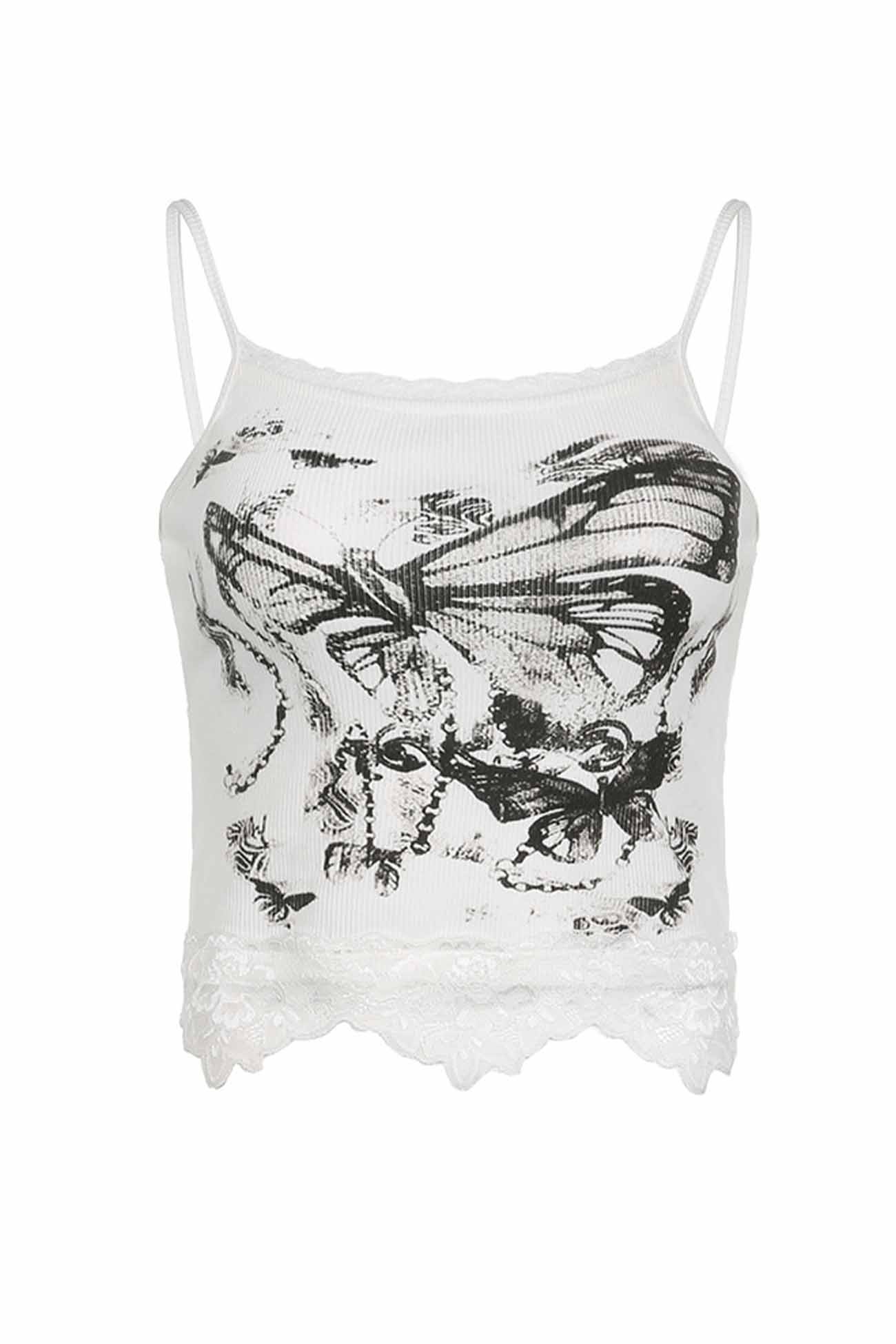 Butterfly Printed Lace Patchwork Cami Crop Top