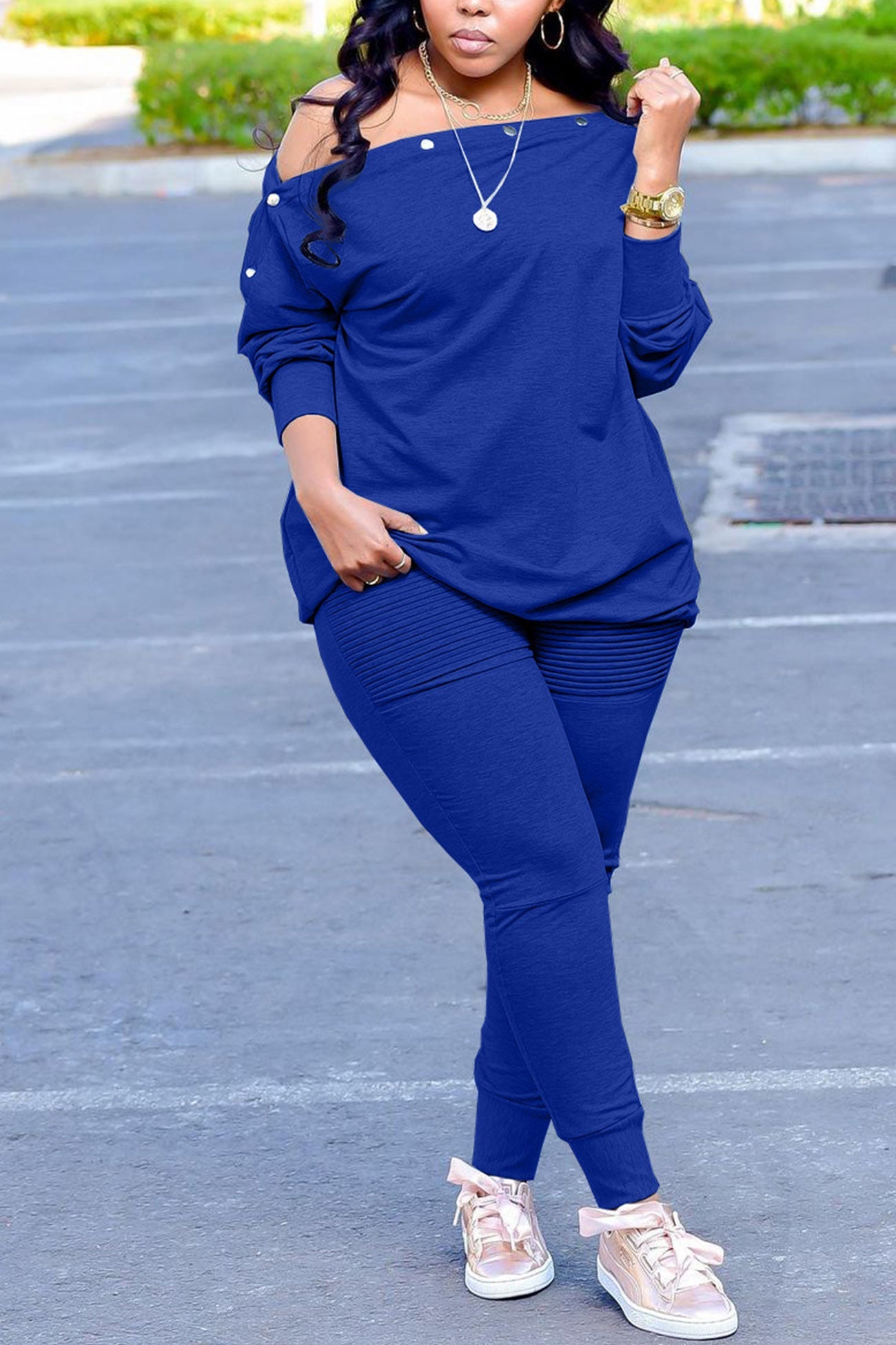 Button Drop Shoulder Sweatshirt Pants Set