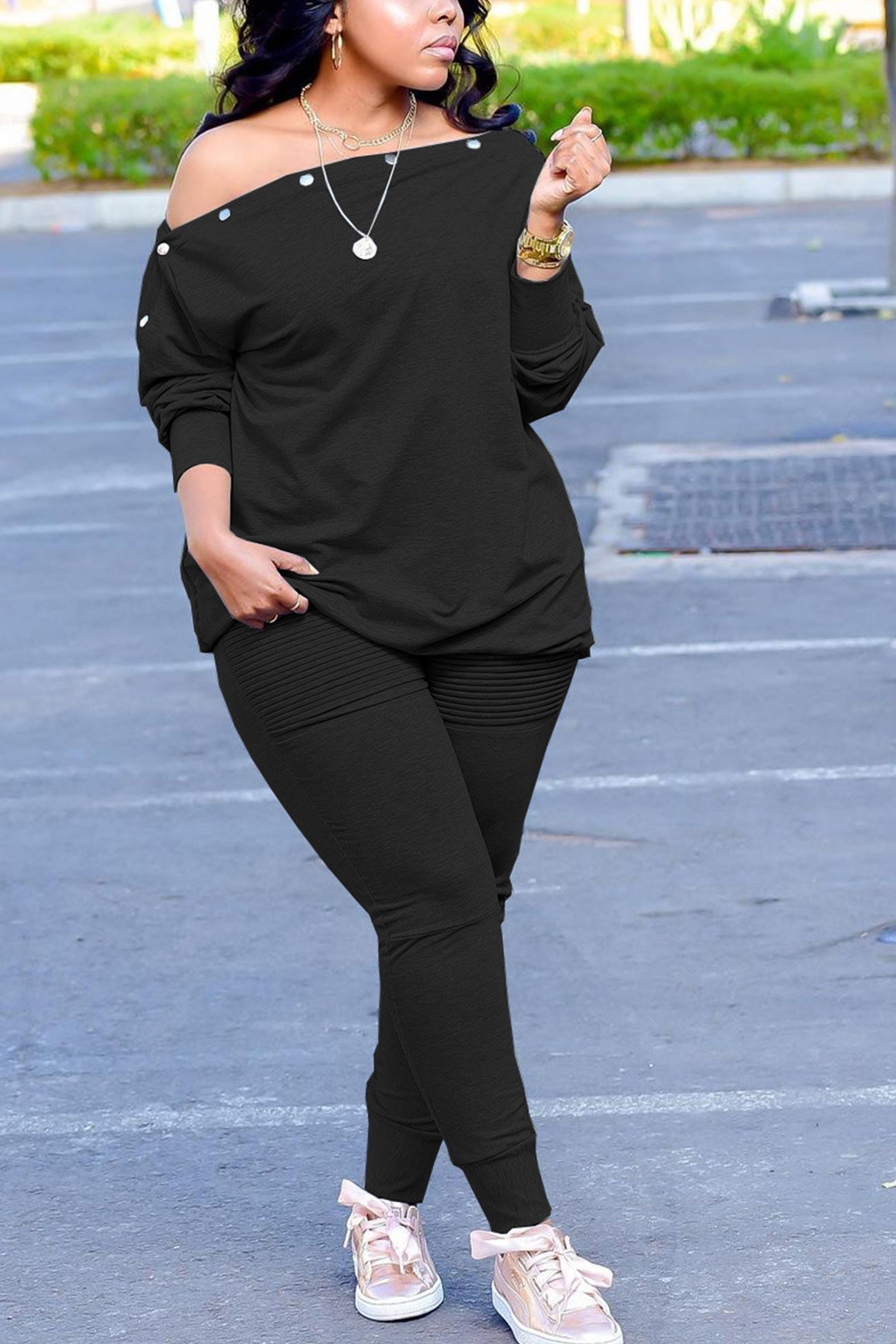 Button Drop Shoulder Sweatshirt Pants Set