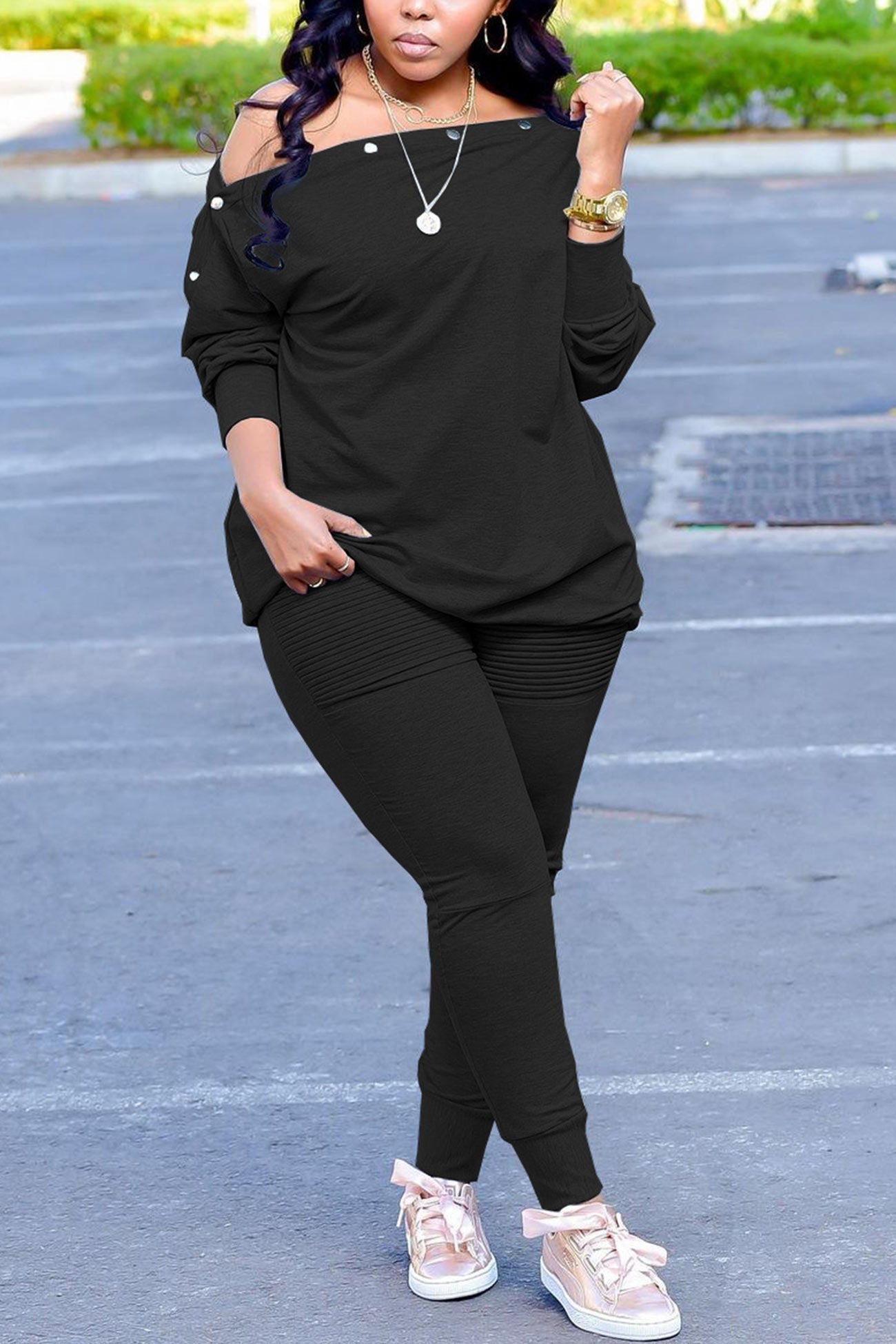 Button Drop Shoulder Sweatshirt Pants Set