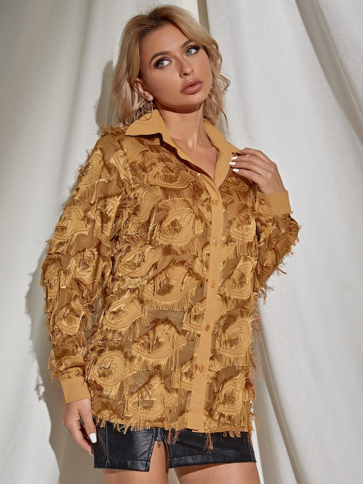 KittenAlarm - Button Front Fringe Trim Blouse