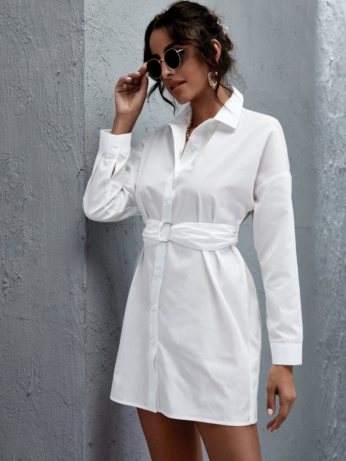 KittenAlarm - Button Up Shirt Dress With O-Ring Belt