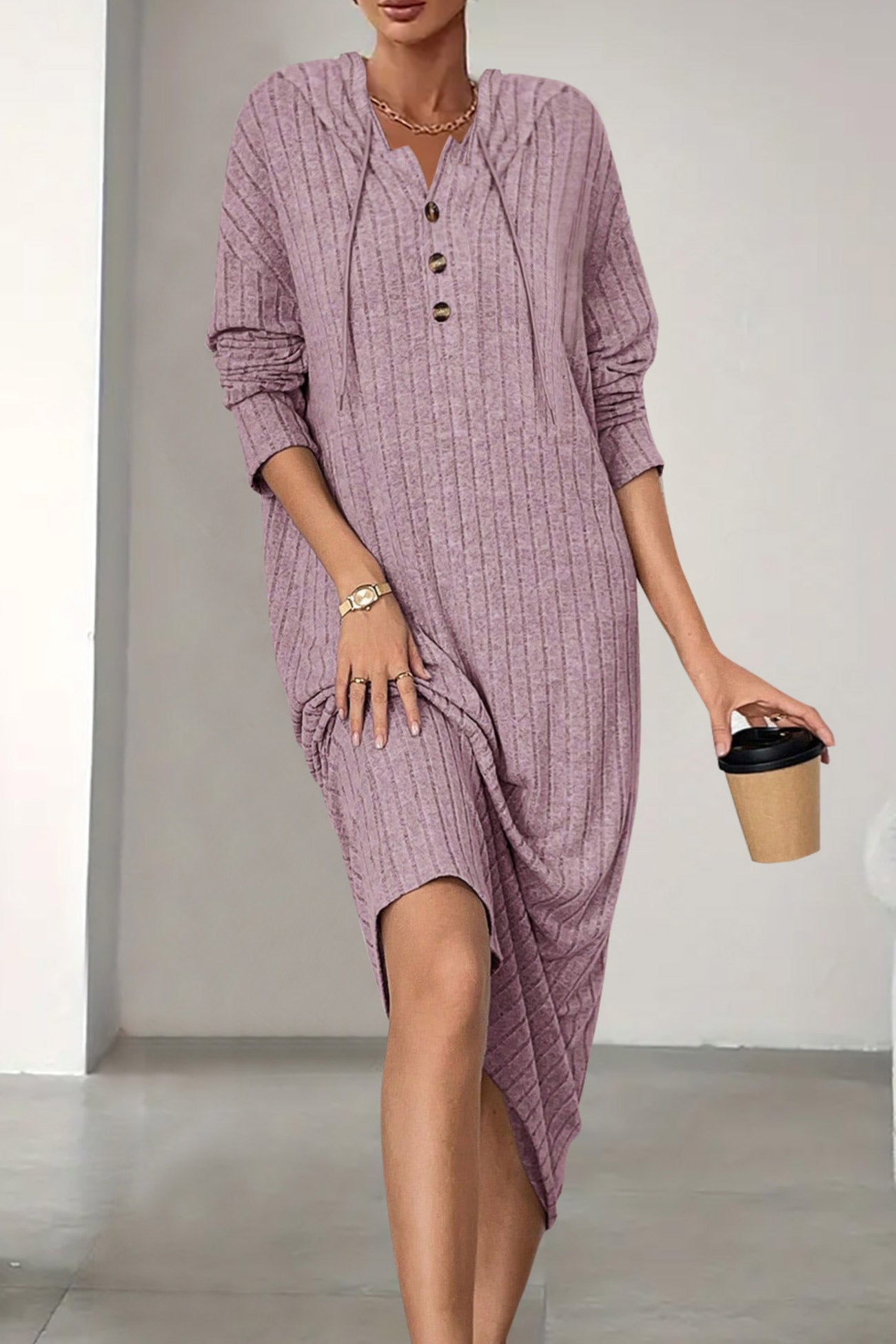 Button-down Ribbed Knit Hooded Dress