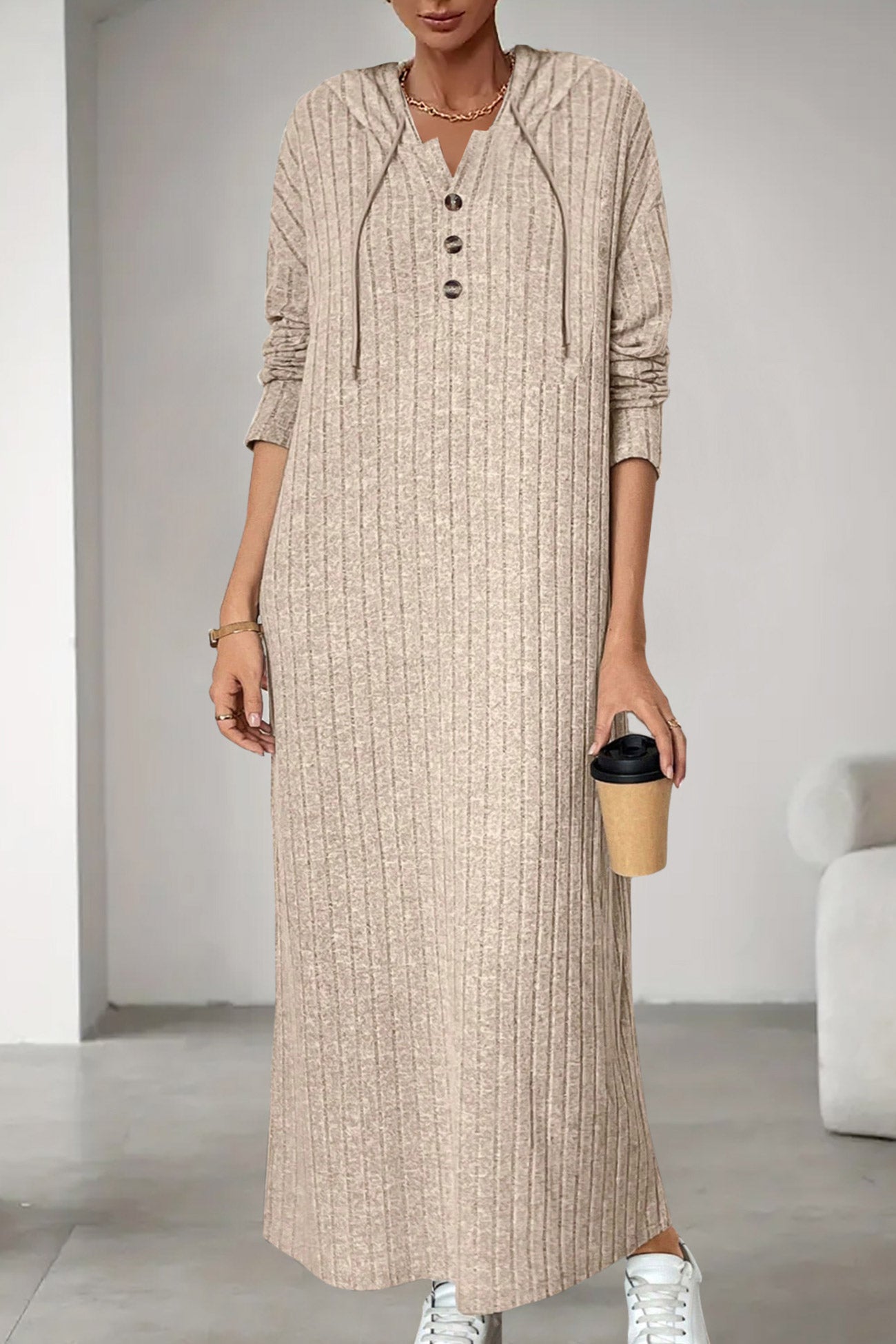 Button-down Ribbed Knit Hooded Dress
