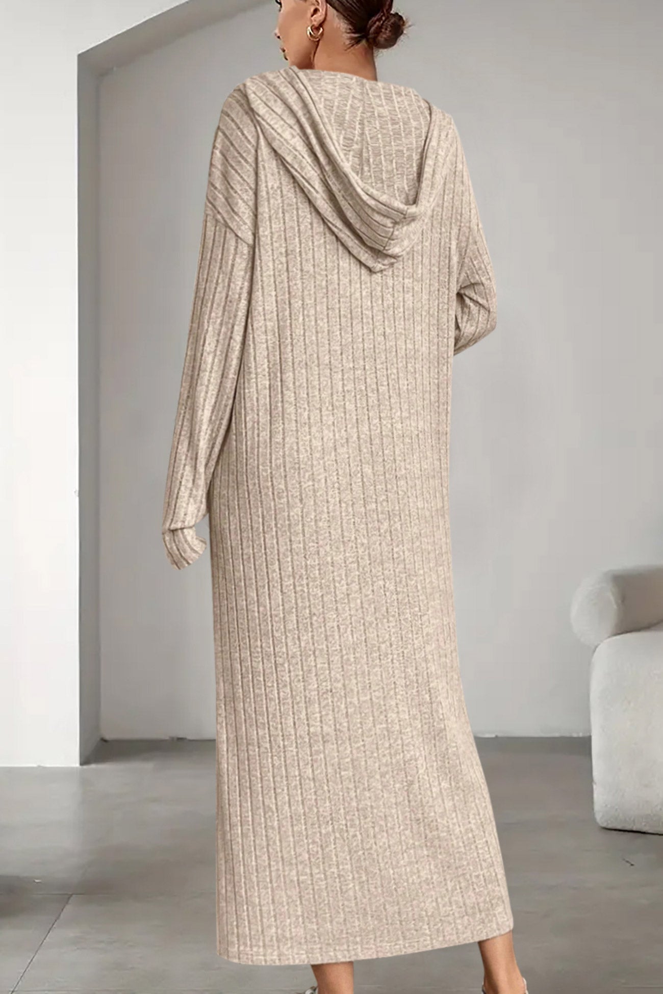 Button-down Ribbed Knit Hooded Dress
