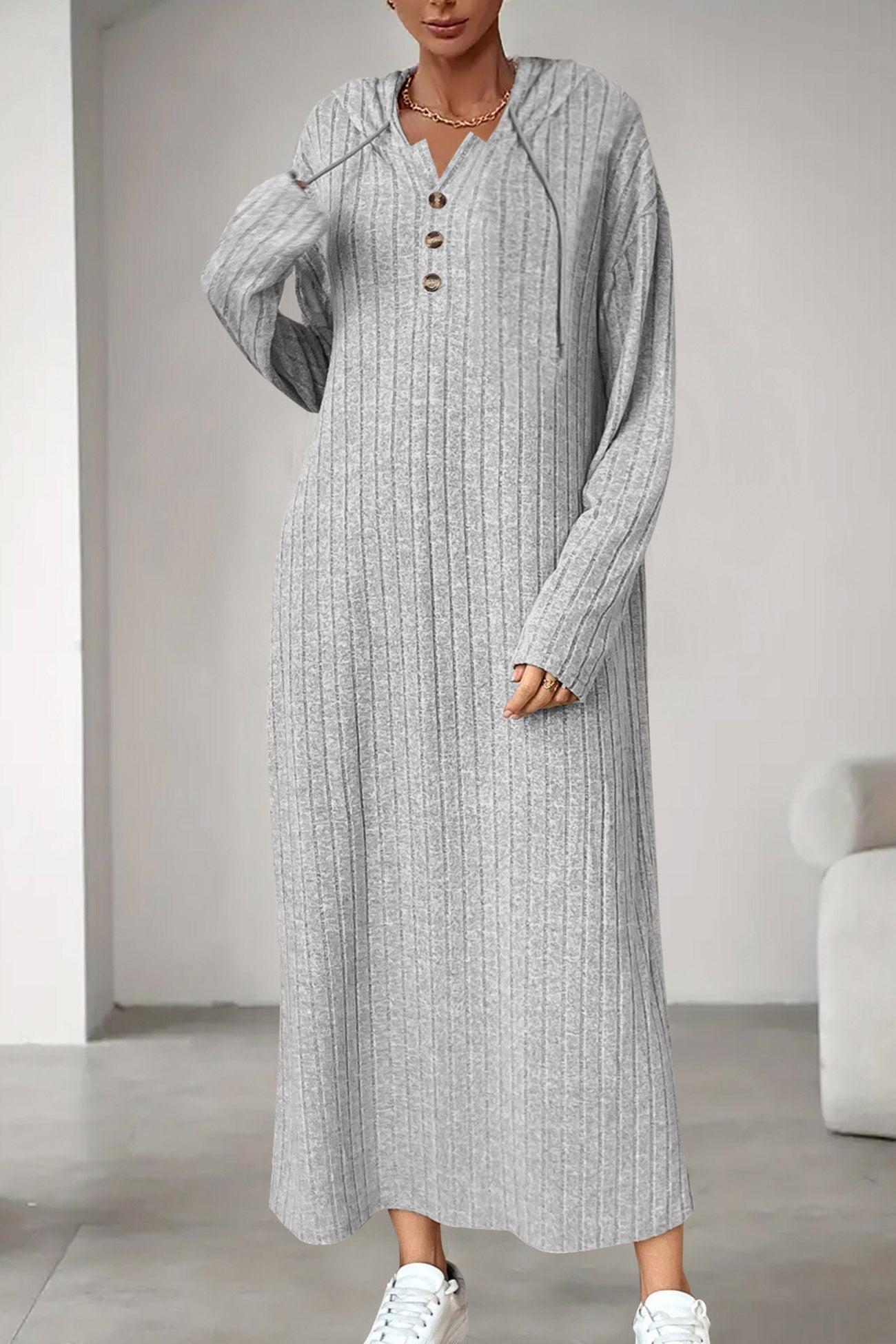 Button-down Ribbed Knit Hooded Dress