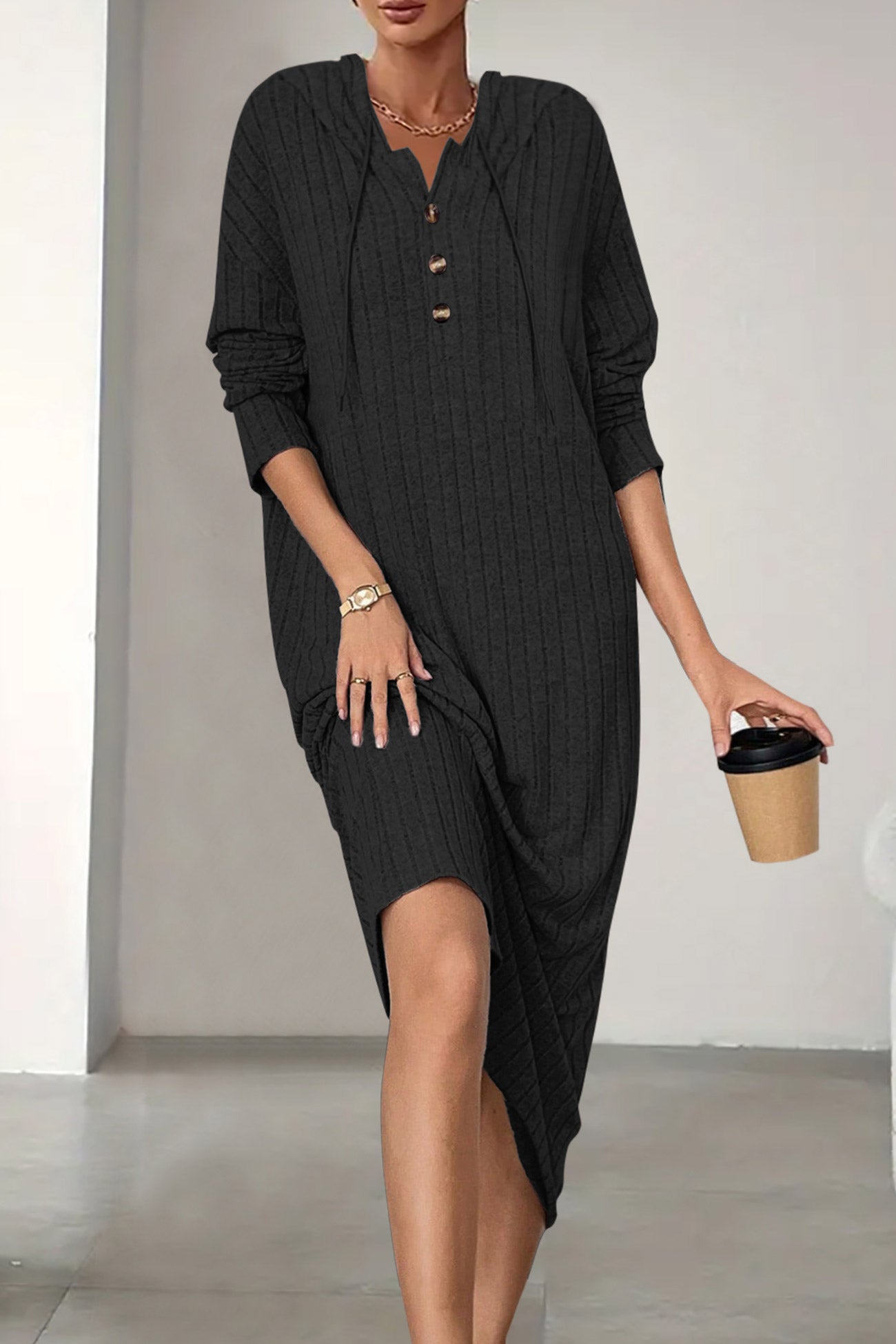 Button-down Ribbed Knit Hooded Dress