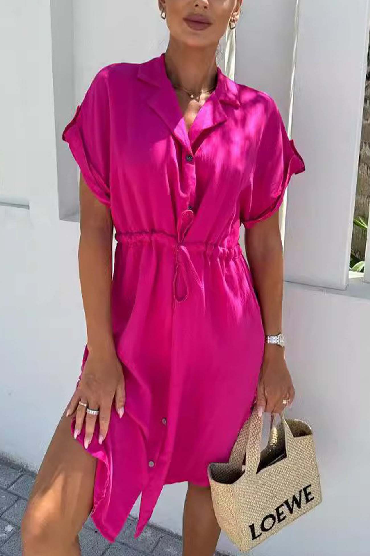 Button Down Short Sleeve Waist Tie Shirt Dress - Fashionpara