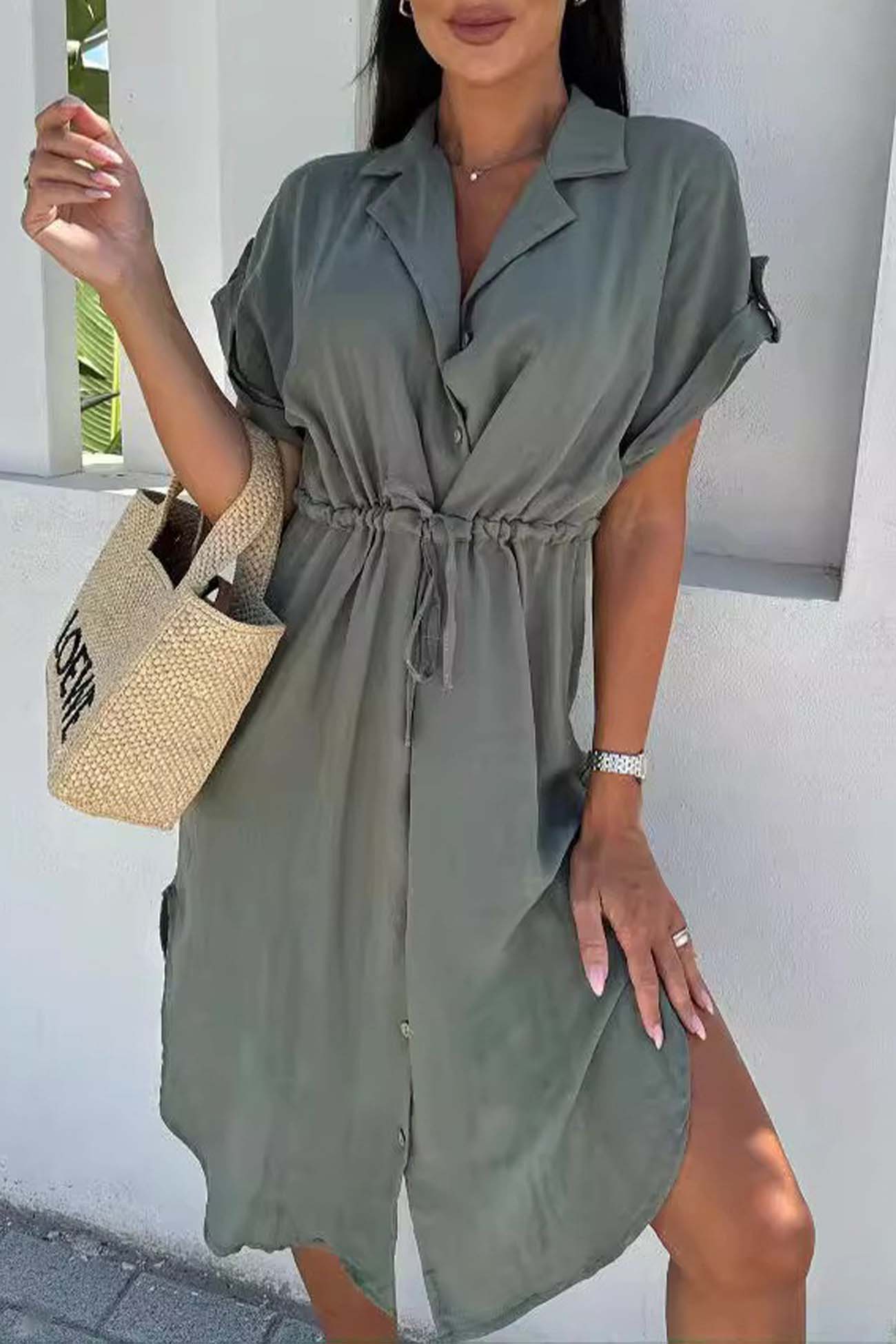 Button Down Short Sleeve Waist Tie Shirt Dress - Fashionpara