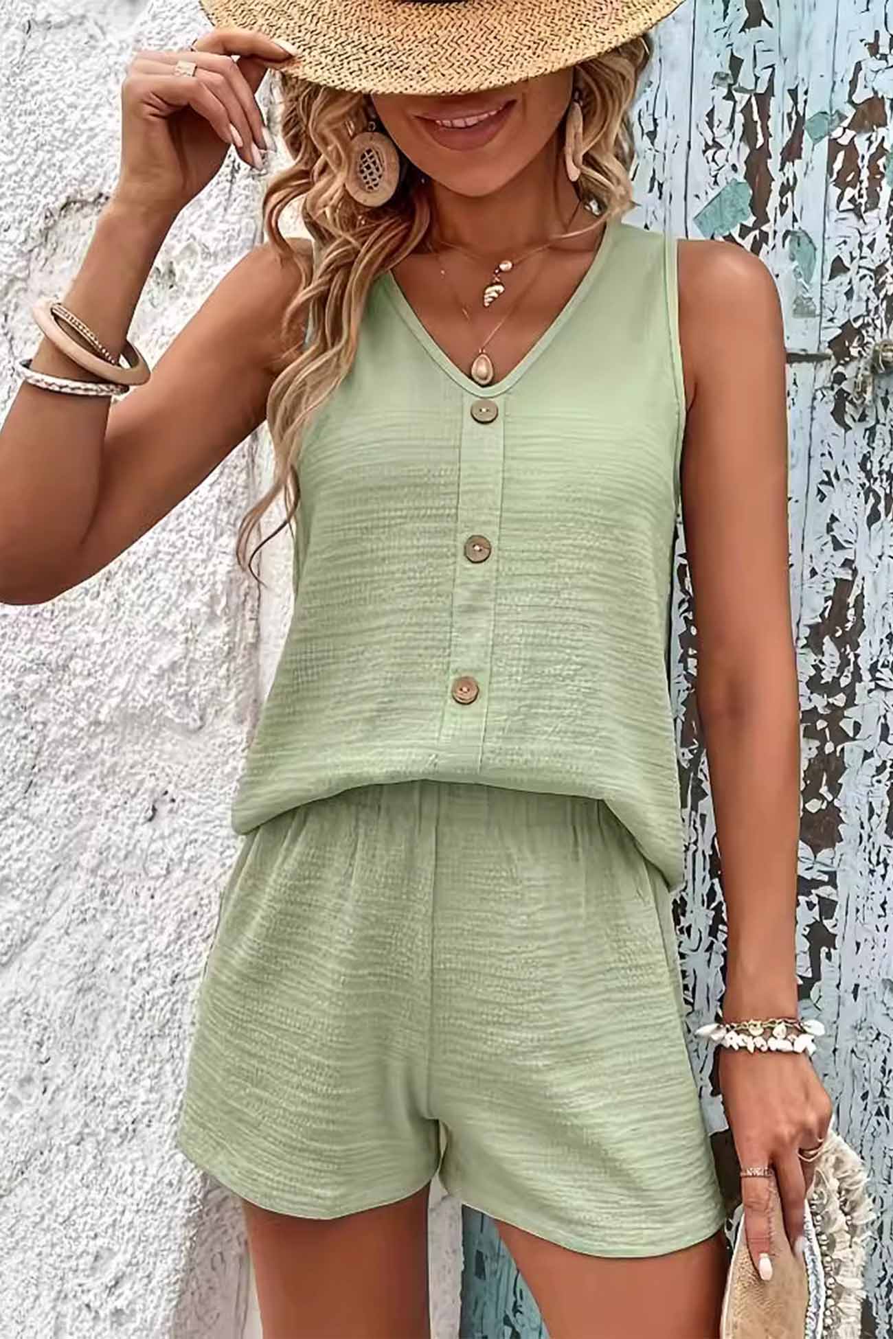 Button Decor Tank Top Shorts Set