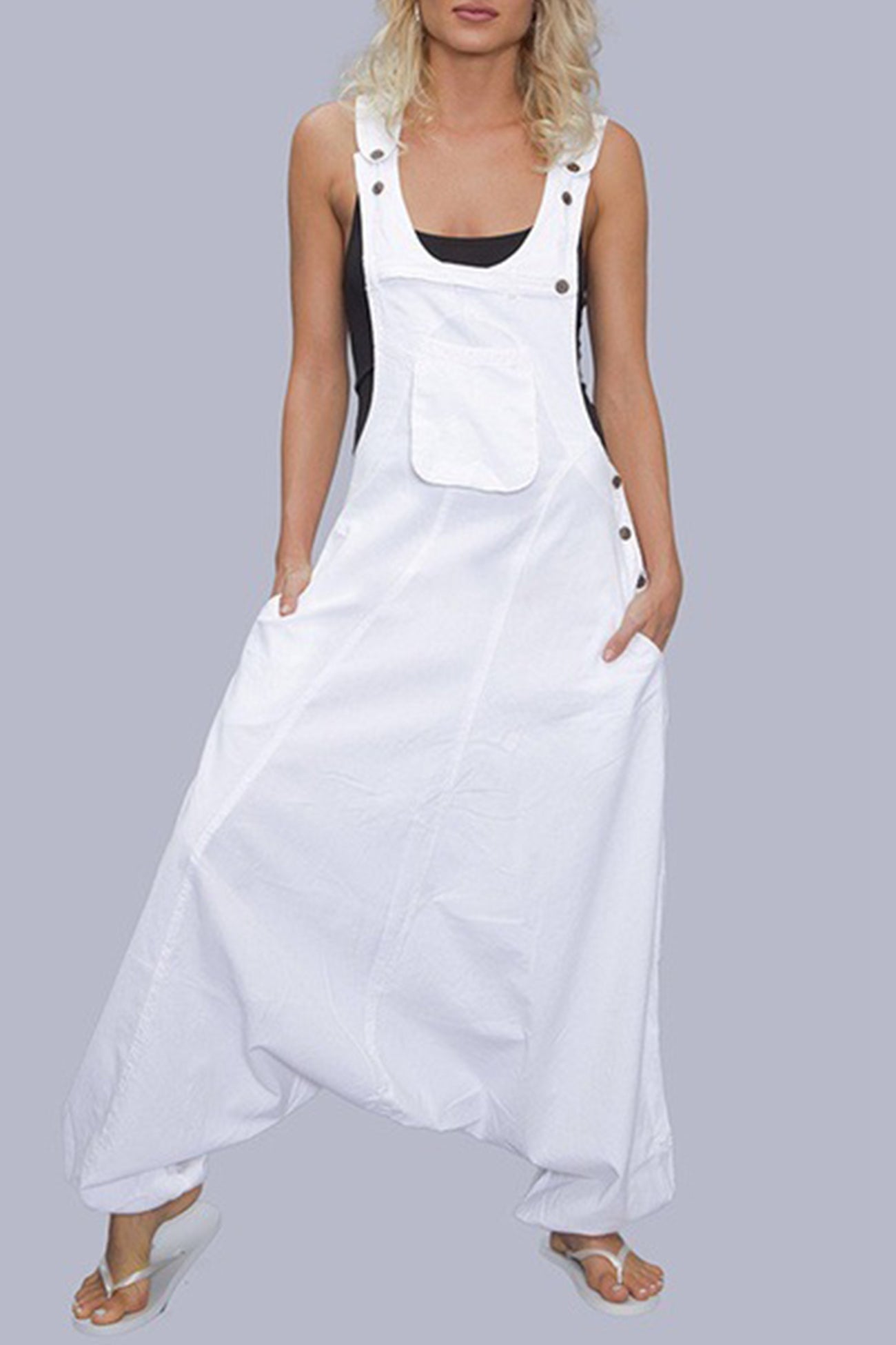 Buttoned Sleeveless Harem Cotton Jumpsuits - Fashionpara
