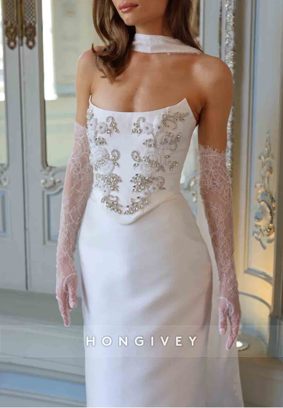 Strapless Crisscross Back Lace Sleeves Appliqued Column Wedding Dressesaa