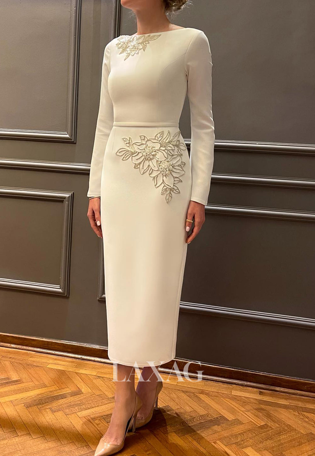 Beaded Ankle-Length Mermaid Wedding Dress Scoop-Neck Long-Sleeves Satin Bride Gowns