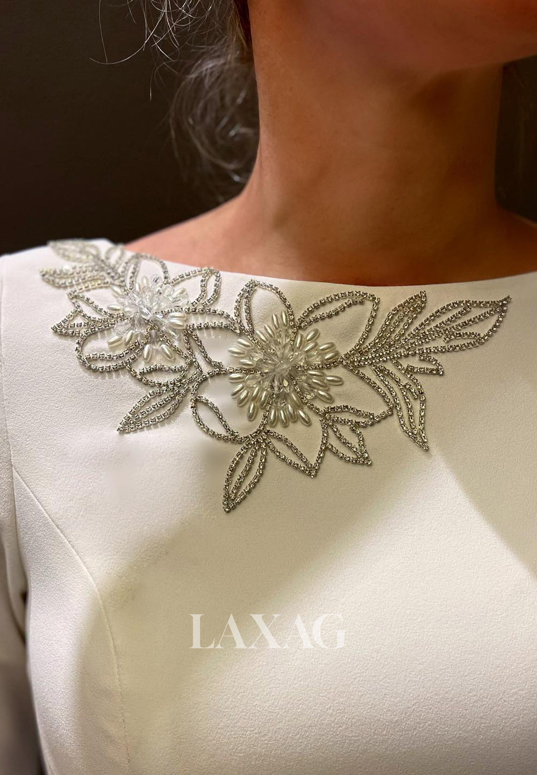 Beaded Ankle-Length Mermaid Wedding Dress Scoop-Neck Long-Sleeves Satin Bride Gowns