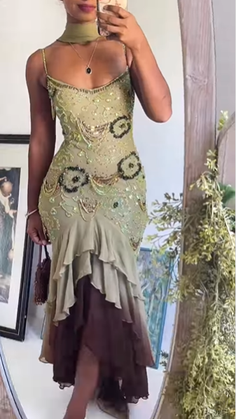 Classy Spaghetti Strap Sage Green Chiffon Beaded Mermaid Evening Dress Long Birthday Party Dress With Scarf D1452