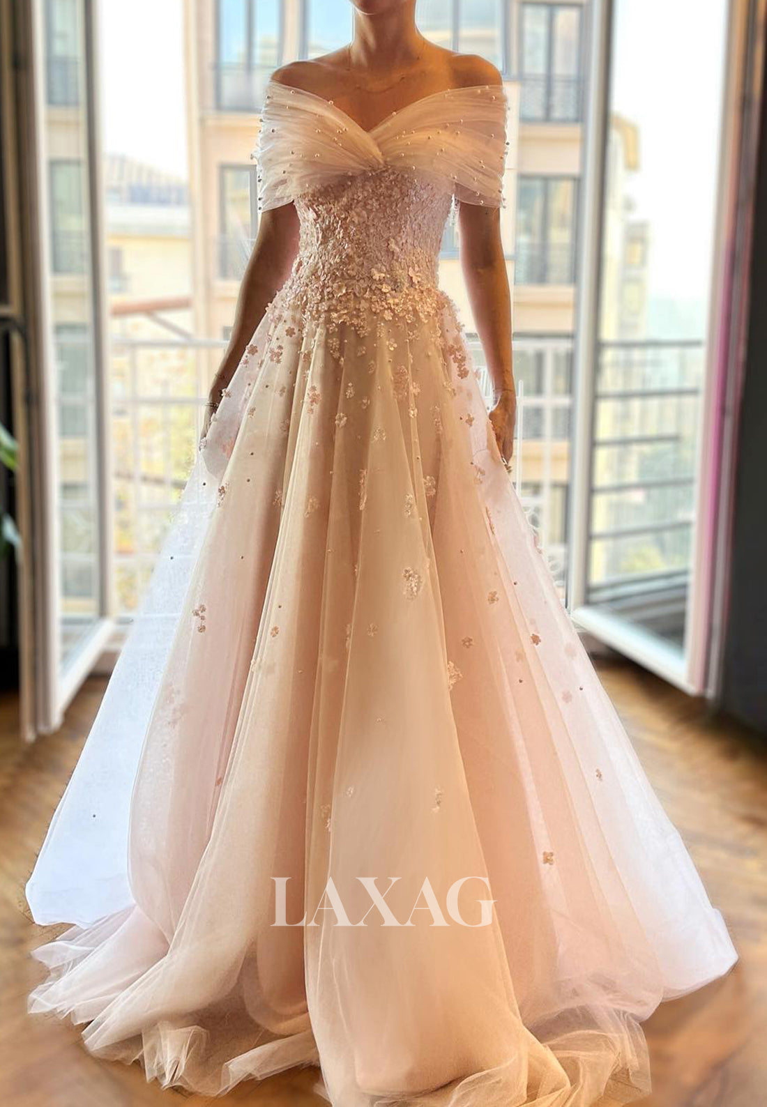 V-Neck Off-Shoulder Sleeveless Beaded Floral Embellished Pleated Tulle A-Line Wedding Dress