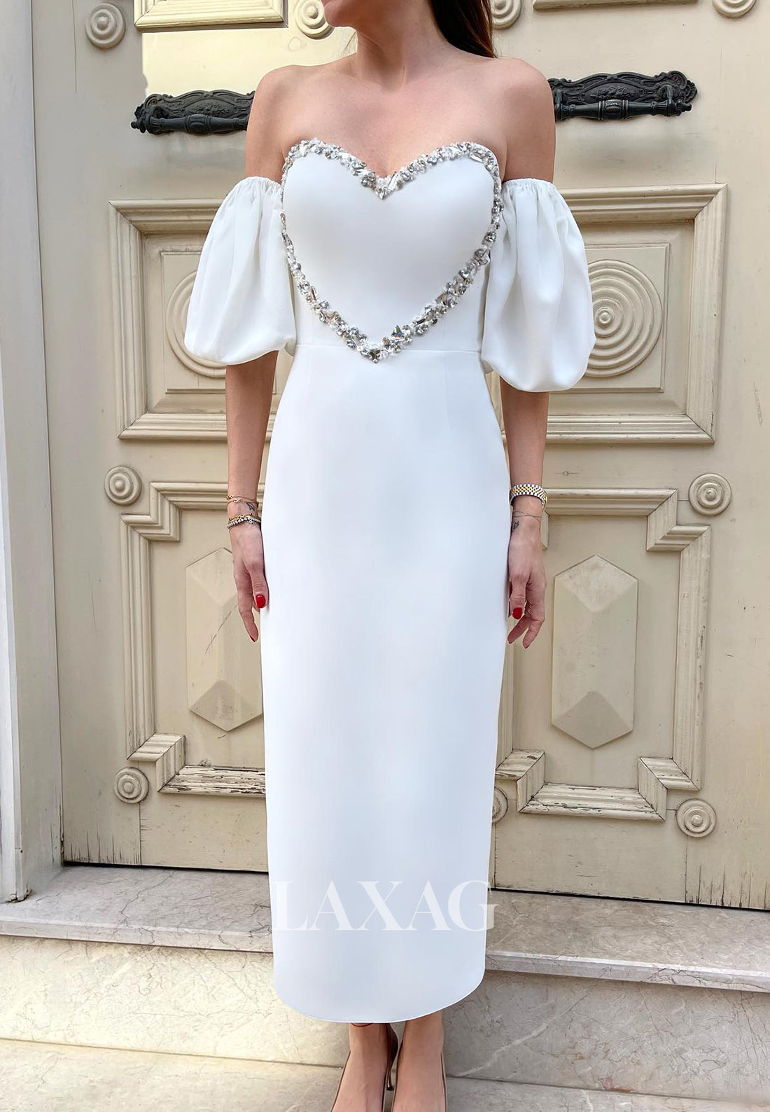 Sweetheart Half-Sleeves Heart-Rhinestone Bride Gowns Ankle-Length Fitted Wedding Dress