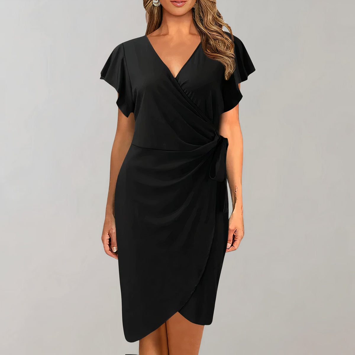 V-Neck Flutter Sleeve Wrap Tie Waist Tulip Hem Mini Dress