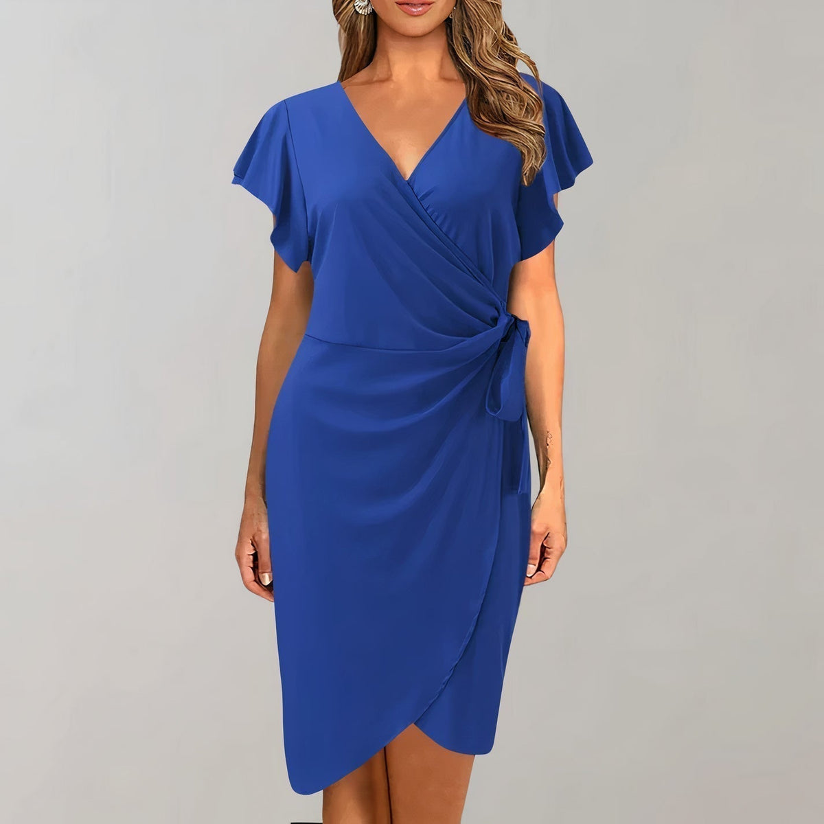 V-Neck Flutter Sleeve Wrap Tie Waist Tulip Hem Mini Dress - View 2