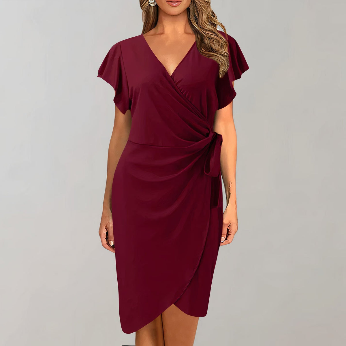 V-Neck Flutter Sleeve Wrap Tie Waist Tulip Hem Mini Dress - View 5