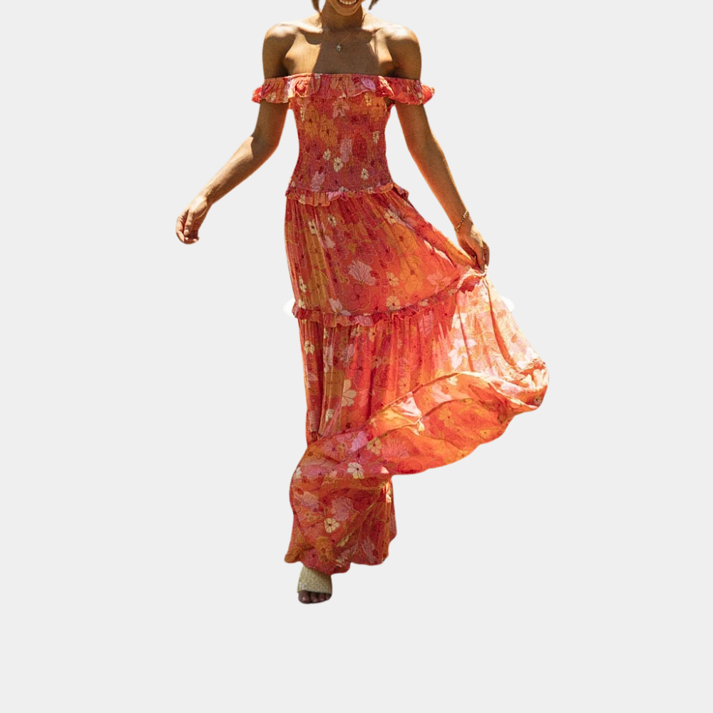 Off Shoulder Smocked Ruffle Tiered Floral Print Maxi Dress - View 5