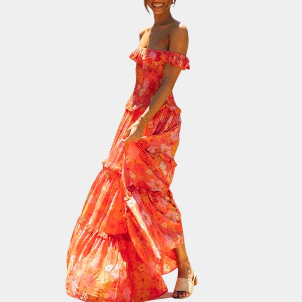 Off Shoulder Smocked Ruffle Tiered Floral Print Maxi Dress - View 3