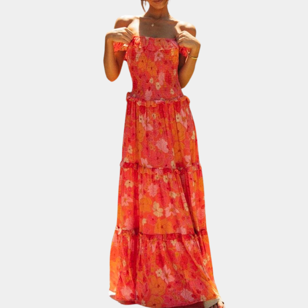Off Shoulder Smocked Ruffle Tiered Floral Print Maxi Dress - View 2