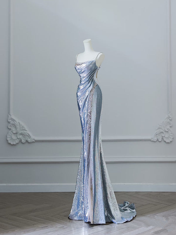 Sexy Mermaid Spaghetti Straps Silver Sequin Long Prom Dresses S3808
