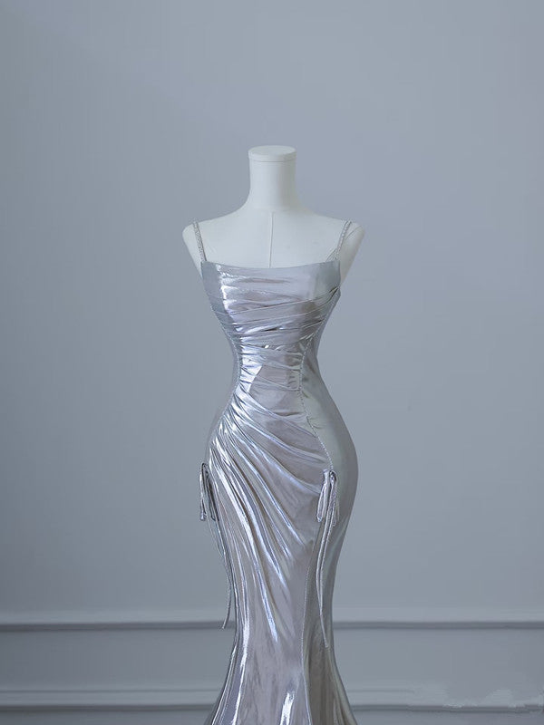 Sexy Mermaid Spaghetti Straps Silver Sequin Long Prom Dresses S3820
