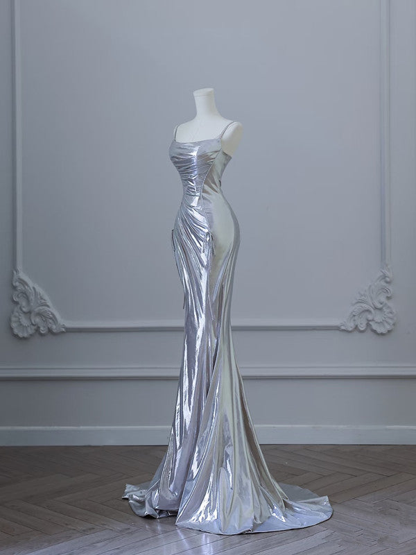 Sexy Mermaid Spaghetti Straps Silver Sequin Long Prom Dresses S3820