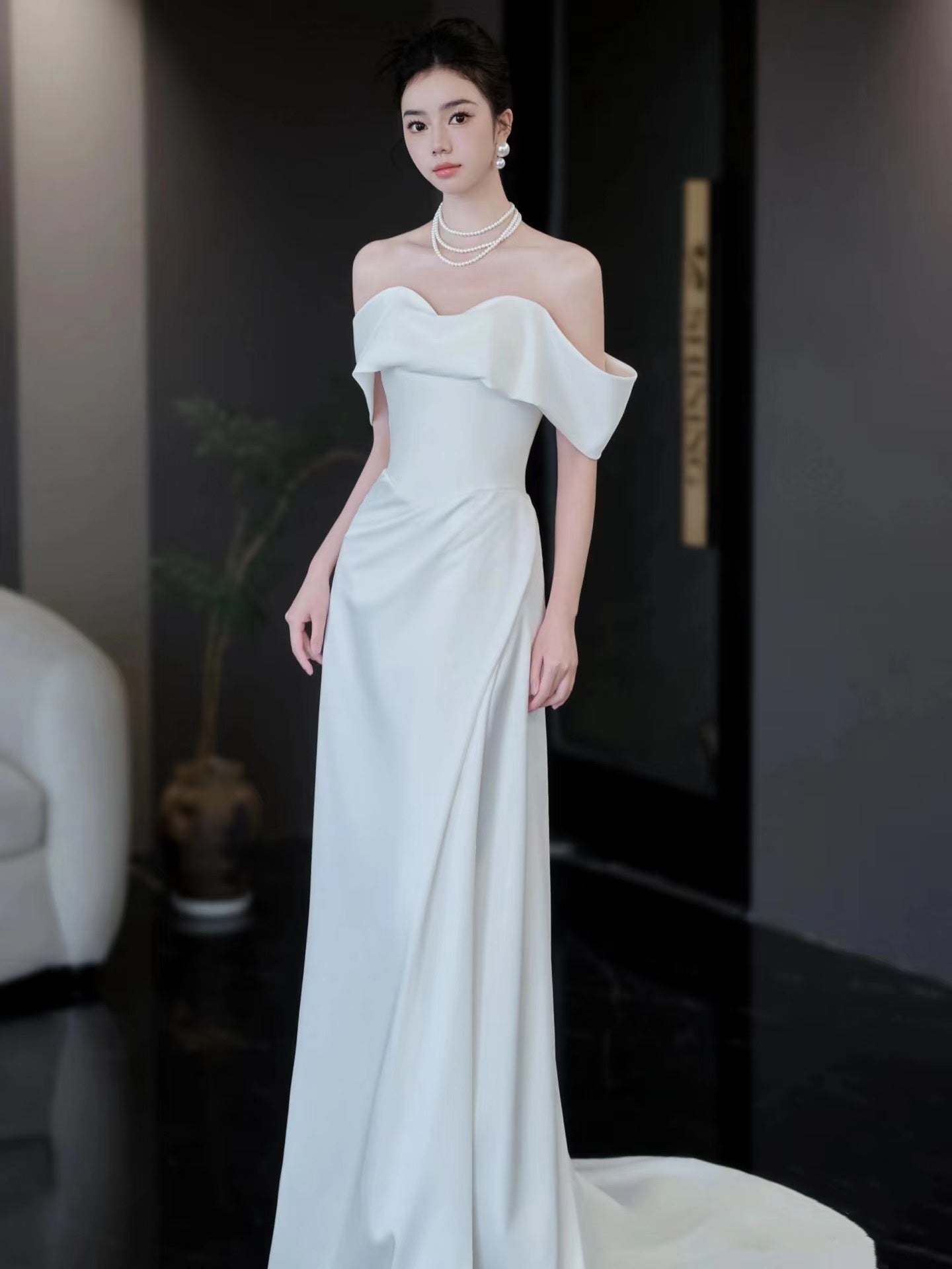 Unique Mermaid Off The Shoulder White Long Wedding Dresses With Short Sleeves Brides Dress S3822
