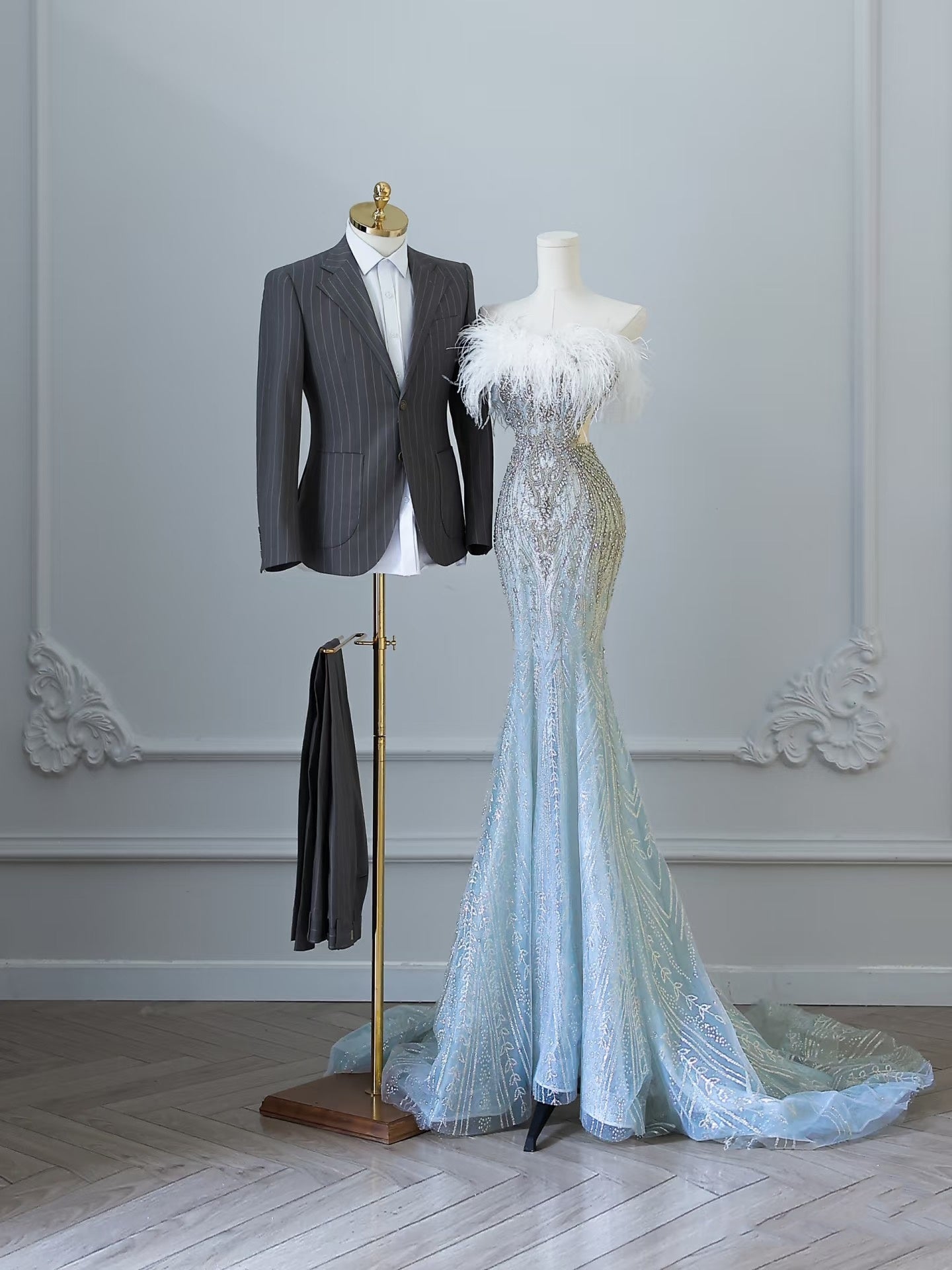 Sexy Mermaid Strapless Blue Sequin Long Prom Dresses Evening Gowns S3833