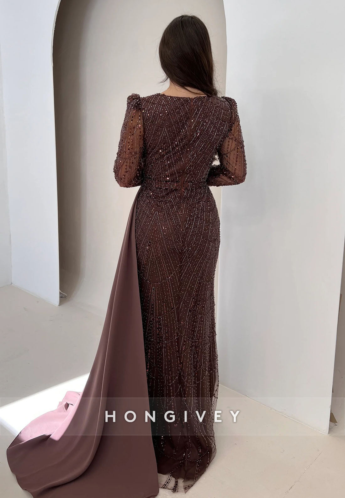 Asymmetrical Floor-Length Formal Dresses V Neck Long Sleeve Pleated Side Draping Evening Gown