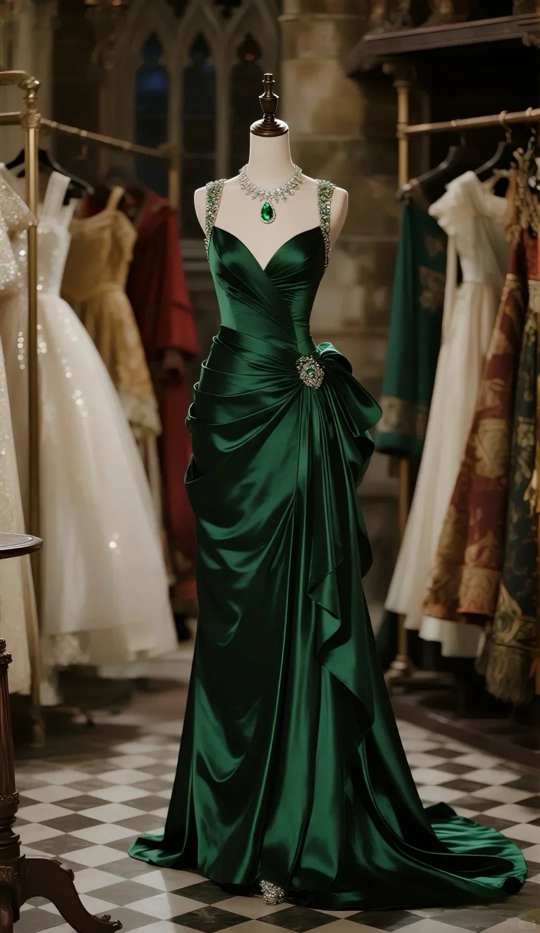 Dark Green Mermaid Beaded Straps Satin Pleated Long Prom Dress, Evening Dress - Fashionpara