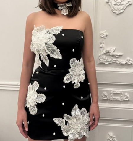 Stylish Black Satin Beaded Flowers Short Party Dress Graduation Homecoming Dress S755