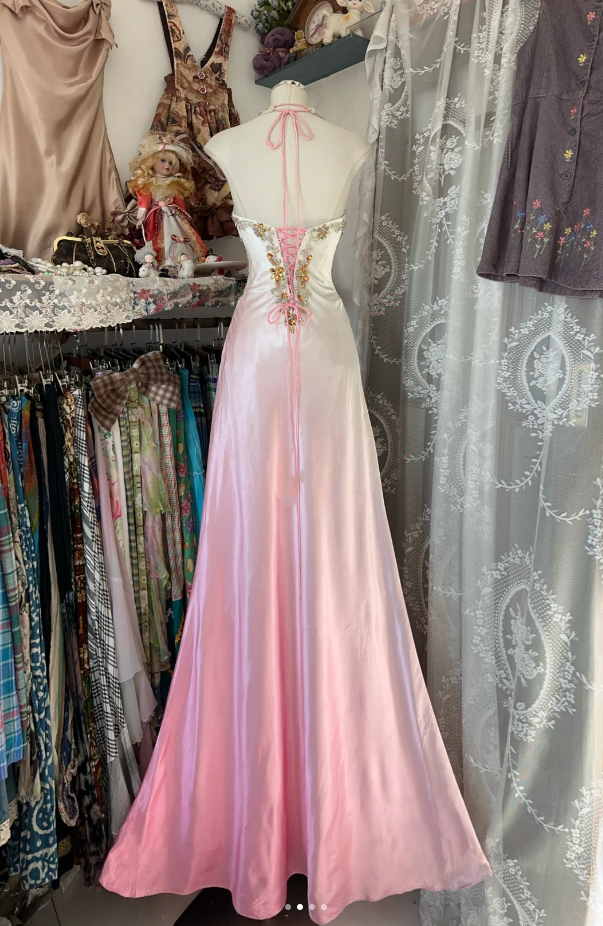 Pretty Ombre Pink Halter Satin Beaded Mermaid Long Birthday Party Dress Evening Gown D1675