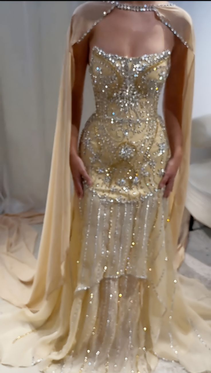 Glitter Yellow Chiffon Sequin Beaded Mermaid Evening Dress Long Birthday Prom Gown D1435