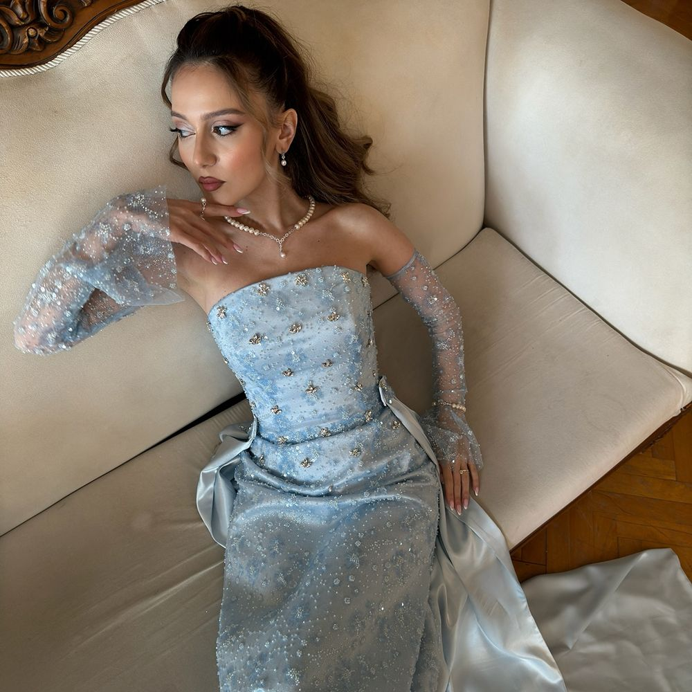 Classy Strapless Light Blue Satin Tulle Beaded Mermaid Prom Dress Long Party Gown D871