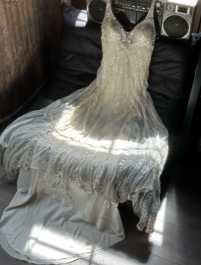 Glitter Spaghetti Straps Off White Chiffon Sequin Beaded Mermaid Evening Dress Long Party Dres D939