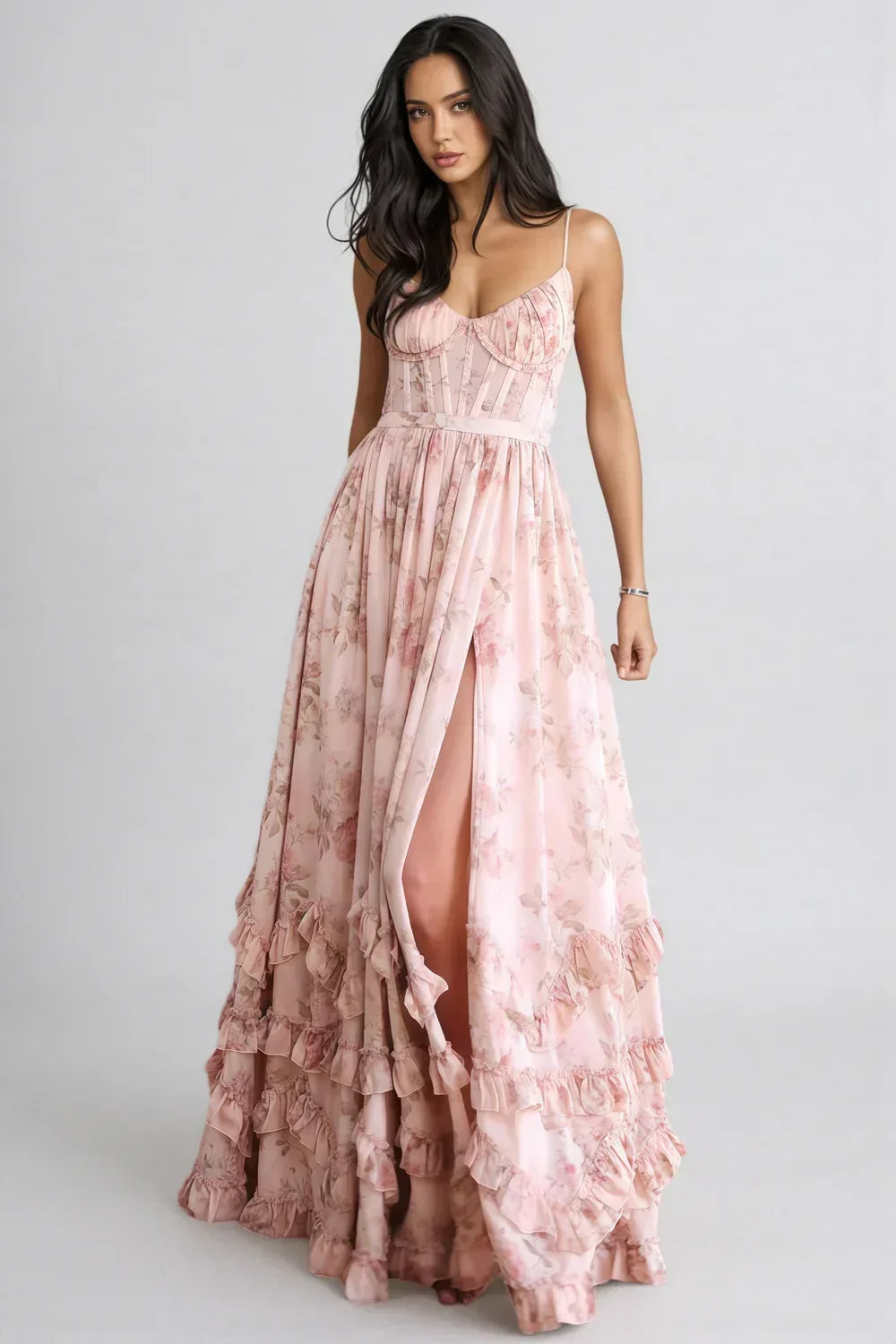 Floral Bustier Spaghetti Strap High Split Ruffle Hem Maxi Dress 6