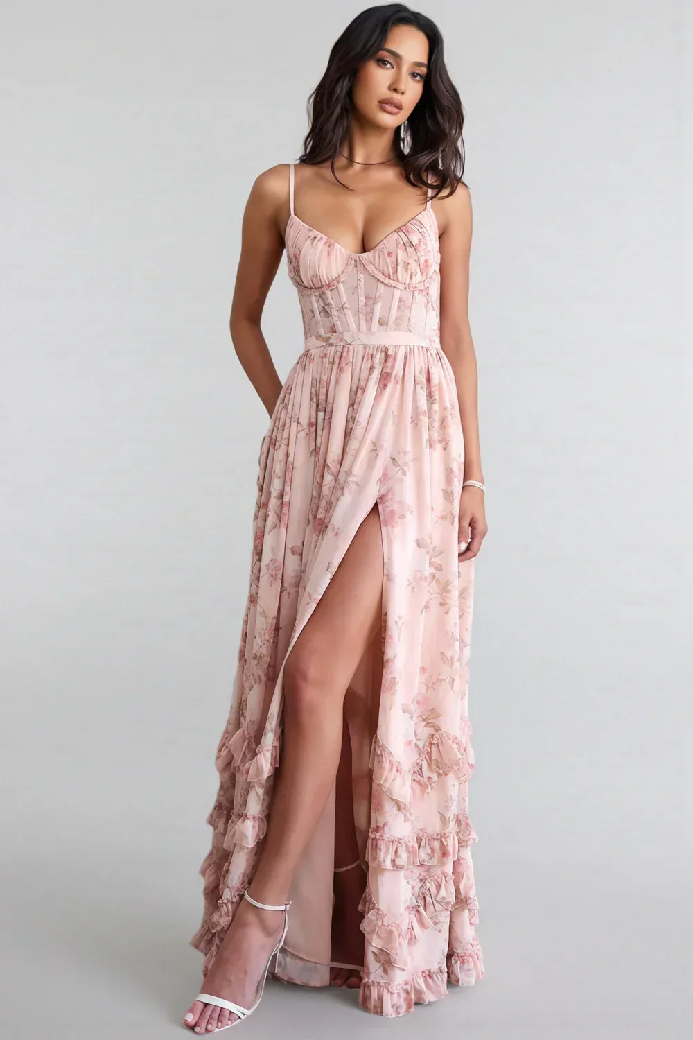 Floral Bustier Spaghetti Strap High Split Ruffle Hem Maxi Dress 8