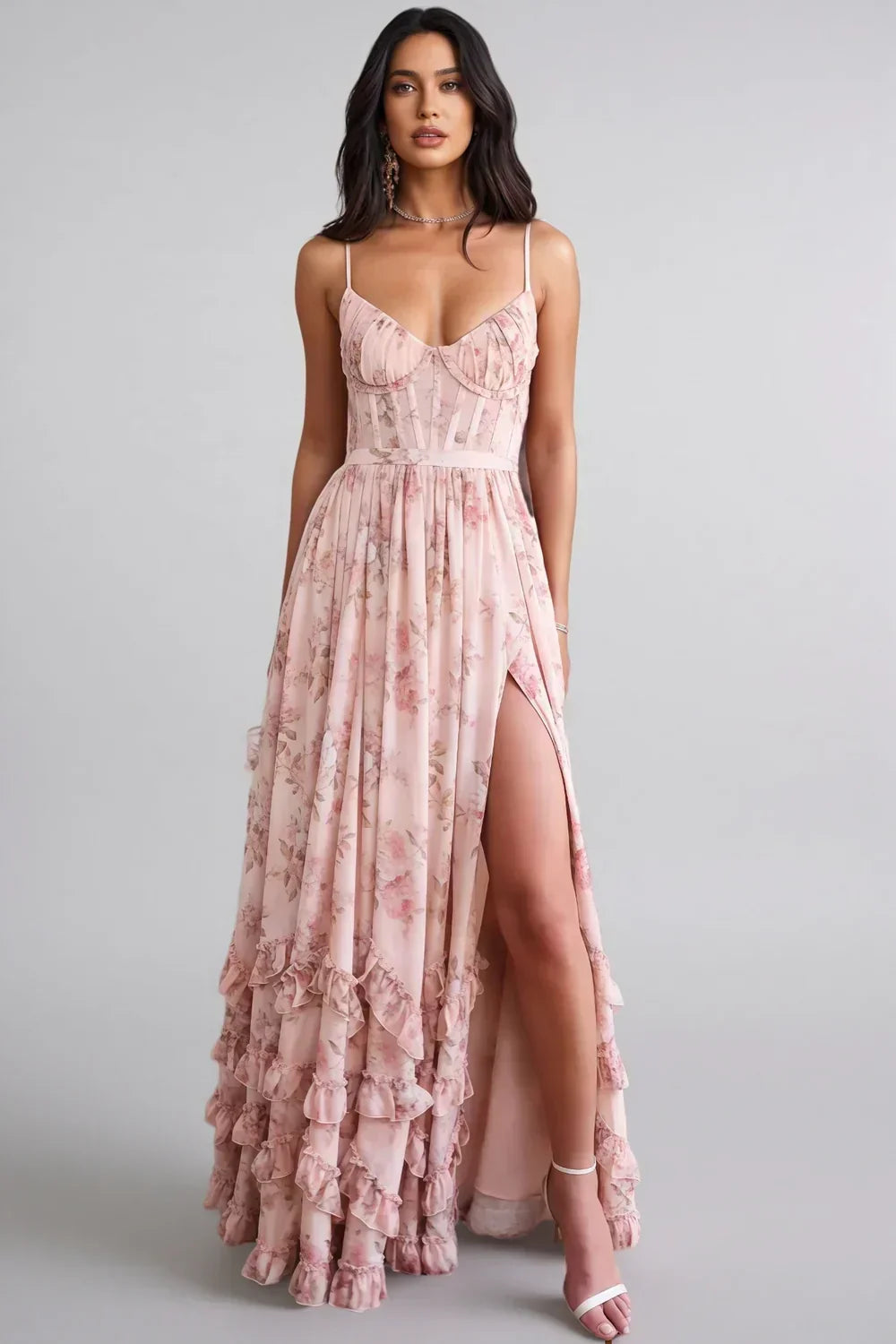 Floral Bustier Spaghetti Strap High Split Ruffle Hem Maxi Dress 7