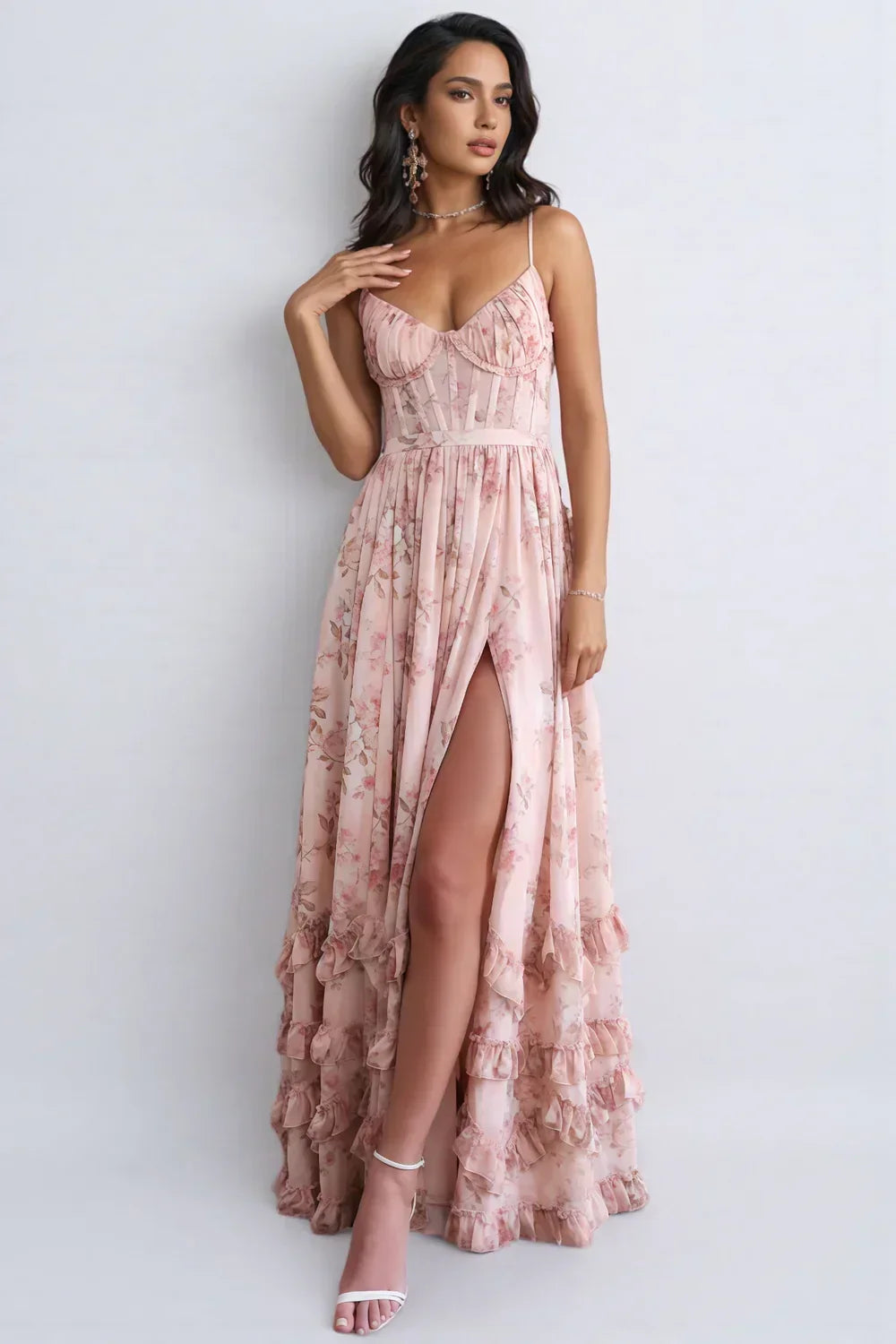 Floral Bustier Spaghetti Strap High Split Ruffle Hem Maxi Dress 5