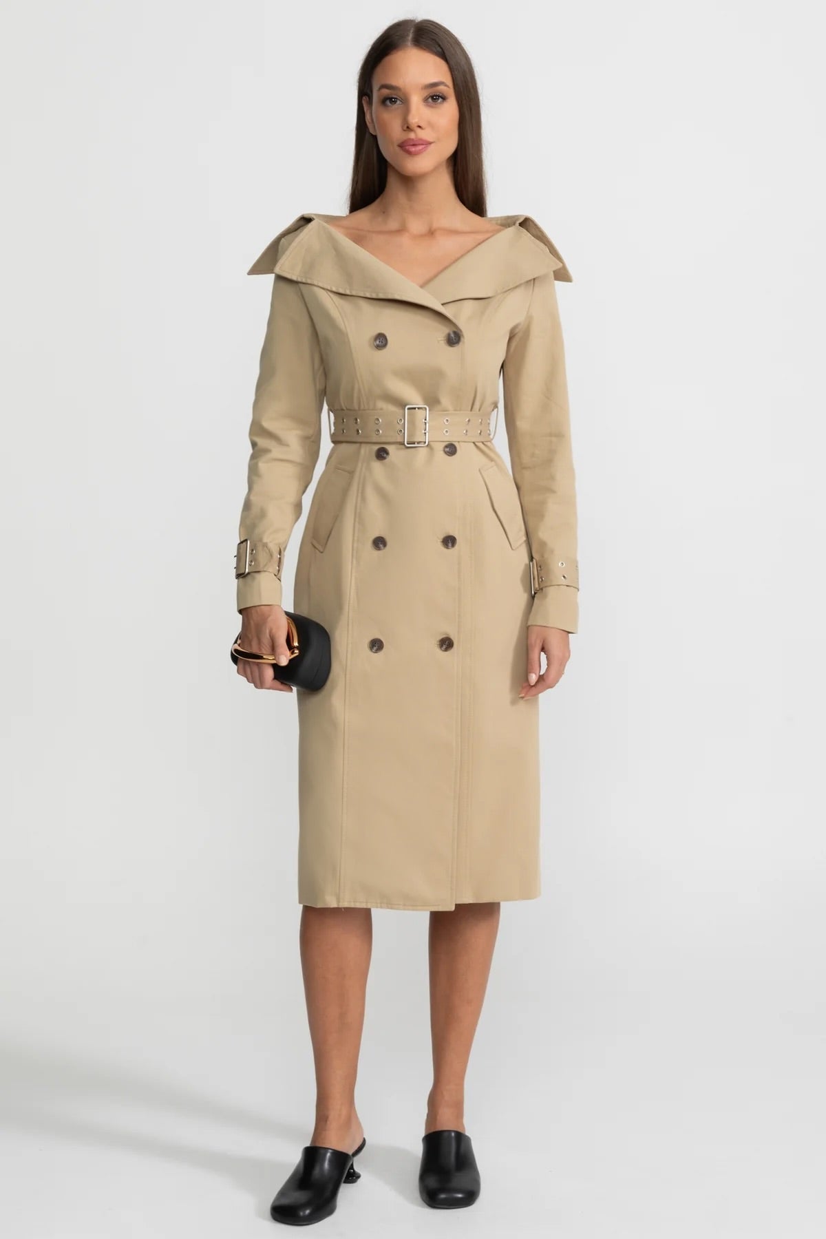 Off Shoulder Double Breasted Belted Trench Midi Dress