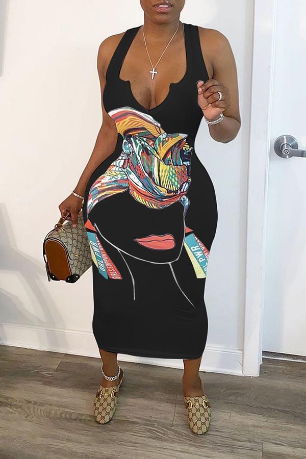 Abstract Character Print V-neck Sleeveless Dress  Fashionpara