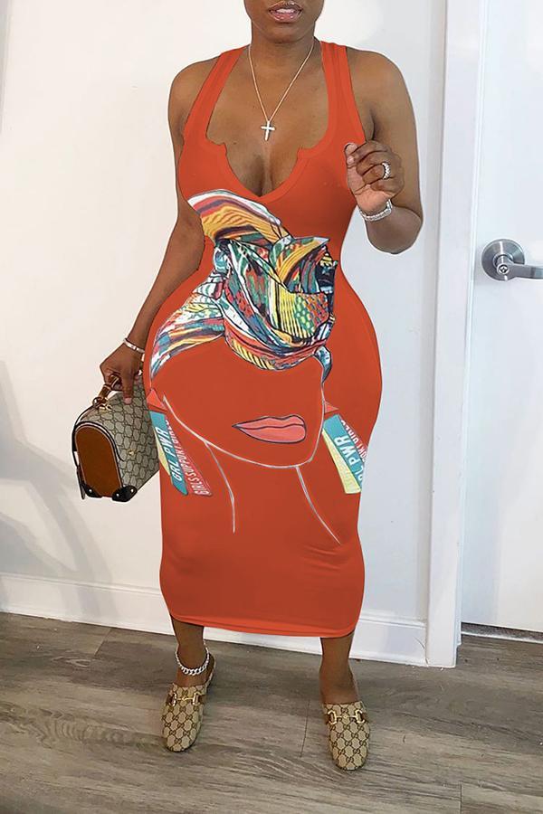 Abstract Character Print V-neck Sleeveless Dress  Fashionpara