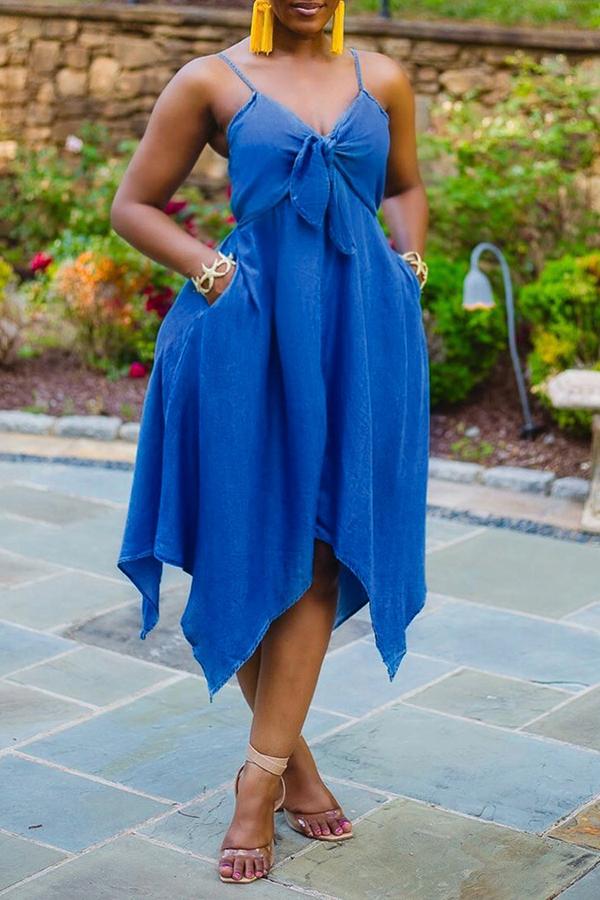 Beachy Solid Bow V-neck Irregular Hem Midi Dress - Fashionpara